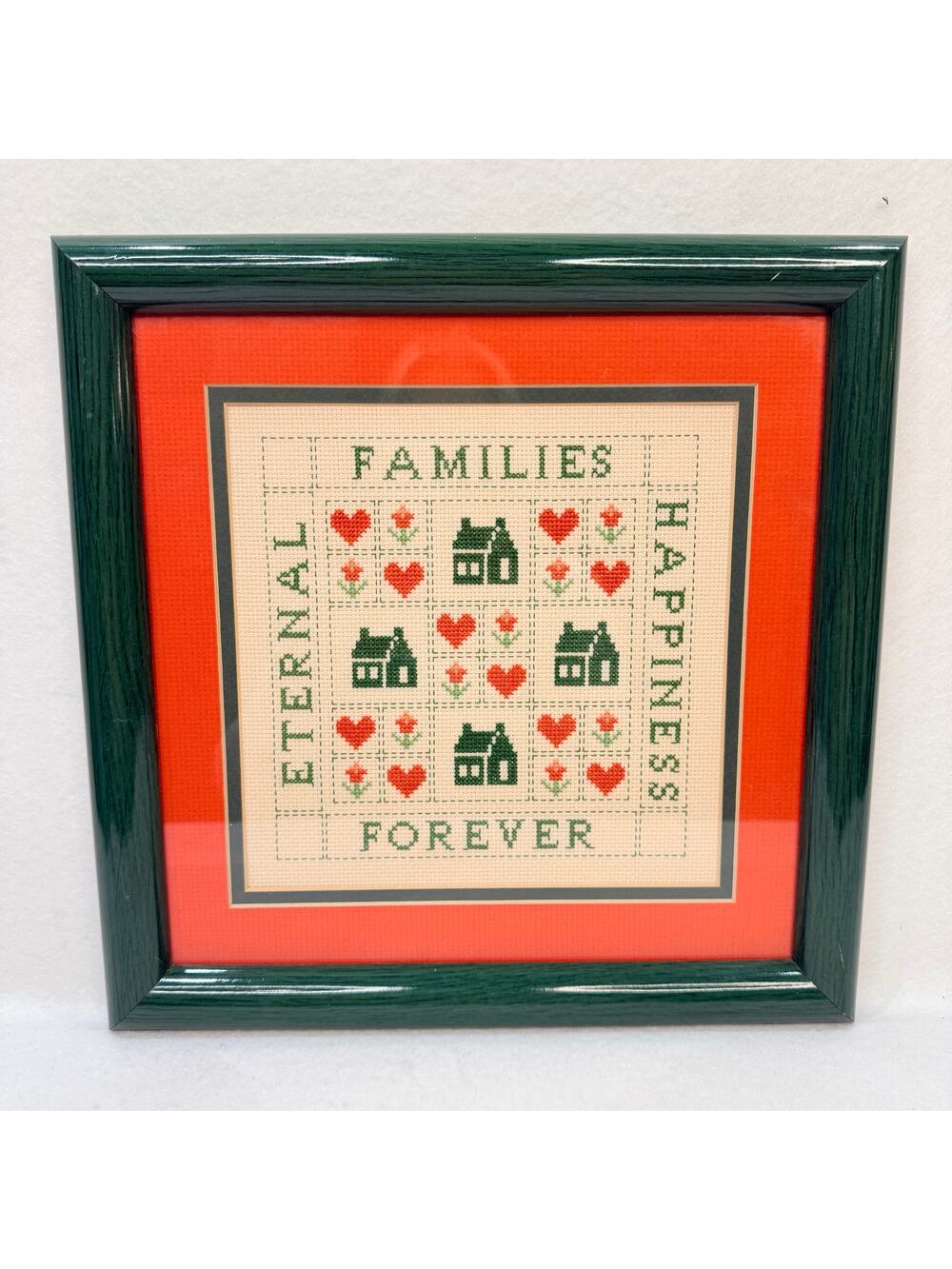 Completed Cross Stitch Matted Framed Glass Families Forever Eternal Happiness